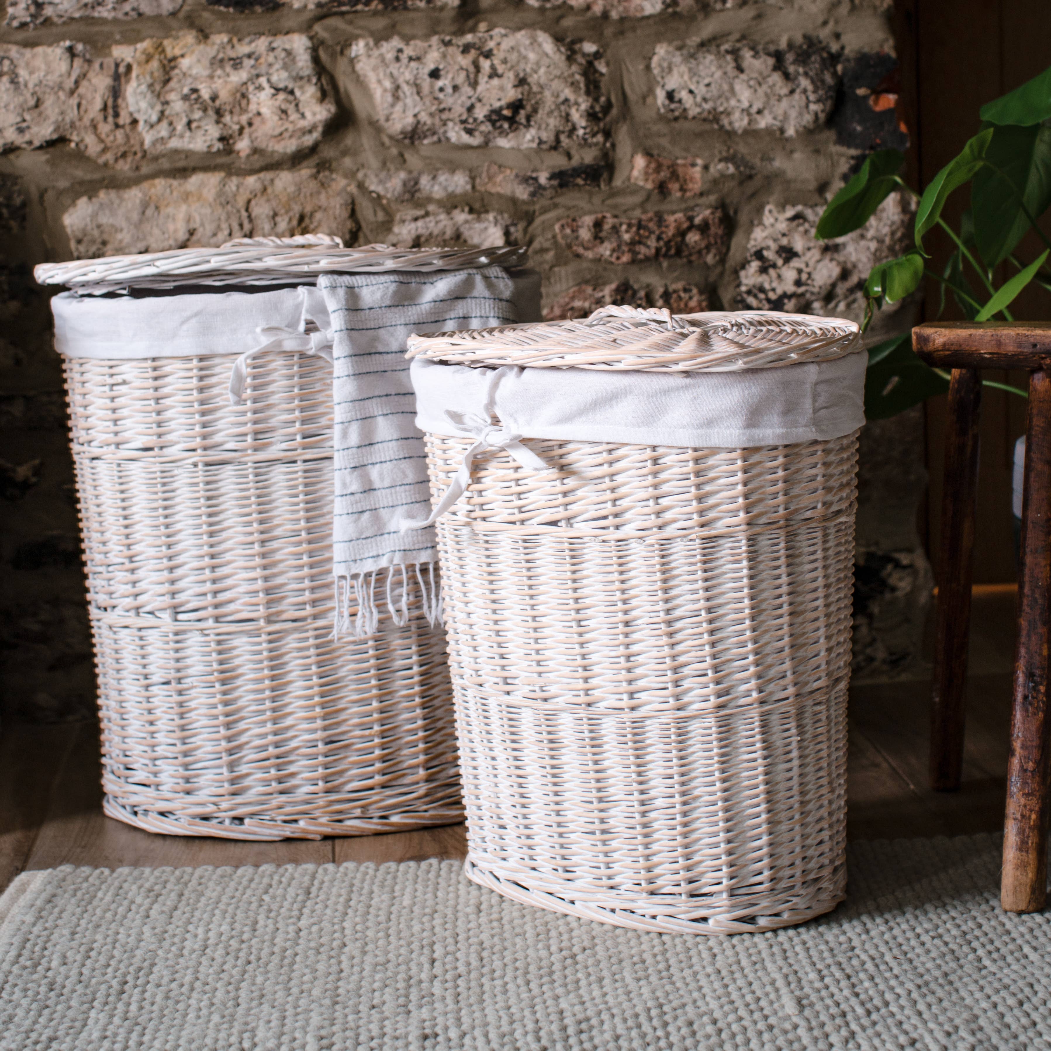 Whitewash Oval Wicker Laundry Basket: Medium